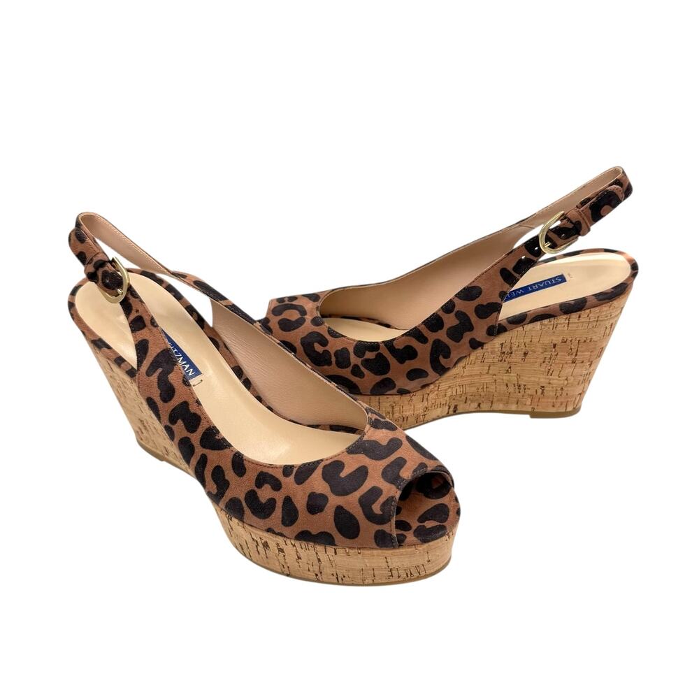 Stuart Weitzman NEW Jean Cappuccino Cheetah Slingback Peep Toe Wedge Sandals